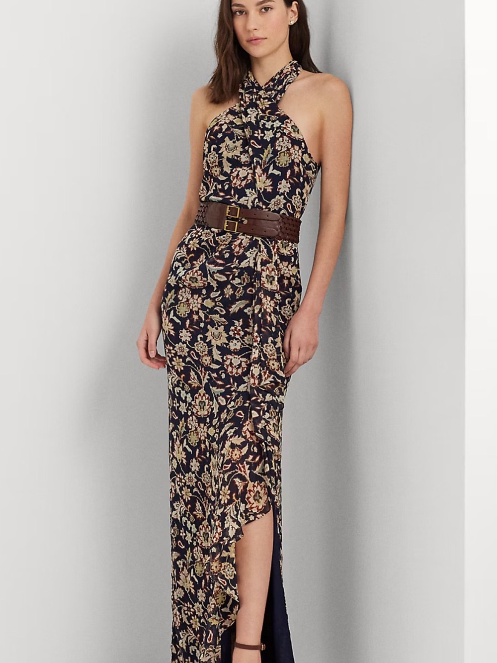 Ralph Lauren “Georgette” Navy Twist Front Floral Halter Gown - Picture 5 of 11